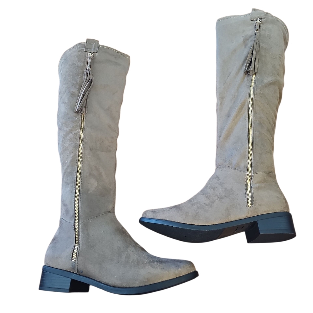 Top Moda Faux Suede Taupe Side Zip Up Tall Boots Sz 10